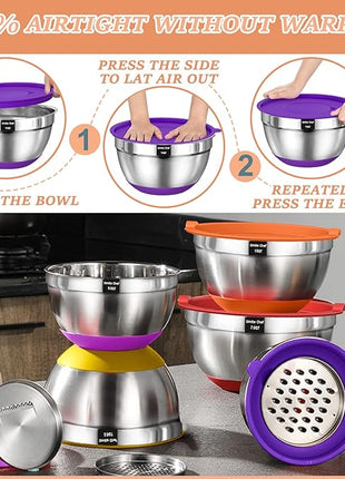 Umite Chef Mixing Bowls with Airtight Lids, 26Pcs Stainless Steel Bowls Set, 3 Grater Attachments & Colorful Non-Slip Bottoms Size 7, 4, 2.5, 2.0,1.5, 1QT, Great for Mixing & Serving