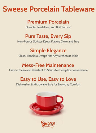 Sweese 8 Ounce Porcelain Stackable Cappuccino Cups with Saucers and Metal Stand - for Specialty Coffee Drinks, Cappuccino, Latte, Americano and Tea - Set of 4, Red