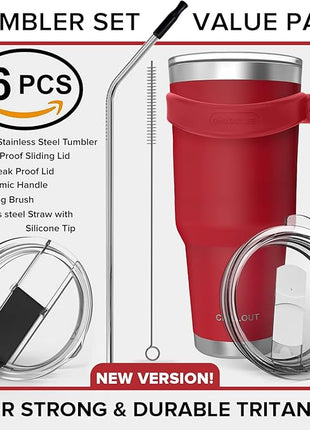 CHILLOUT LIFE Stainless Steel Travel Mug with Handle 40 oz – 6 Piece Set. Tumbler with Handle, Straw, Cleaning Brush & 2 Lids. Double Wall Insulated Large Coffee Mug Bundle - Cherry Red