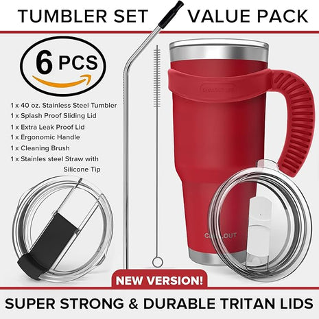 CHILLOUT LIFE Stainless Steel Travel Mug with Handle 40 oz – 6 Piece Set. Tumbler with Handle, Straw, Cleaning Brush & 2 Lids. Double Wall Insulated Large Coffee Mug Bundle - Cherry Red