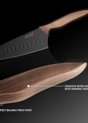 hecef Vintage Kitchen Knife Set, Stainless Steel Non-stick Black Coated Knives with Extra Sheaths, Includes Chef, Bread, Santoku, Utility and Paring Knife