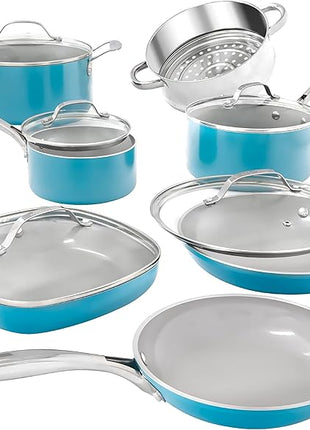 Gotham Steel Aqua Blue Pots and Pans Set, 12 Piece Nonstick Ceramic Cookware, Includes Frying Pans, Stockpots & Saucepans, Stay Cool Handles, Oven & Dishwasher Safe, 100% PFOA Free, Turquoise