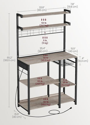 VASAGLE Bakers Rack with Power Outlet, 35.4 Inches Microwave Stand, Coffee Bar, 4 AC Outlets, with Adjustable Shelves, 8 S-Hooks, Basket, Spice Racks, Heather Greige and Ink Black UKKS031K02