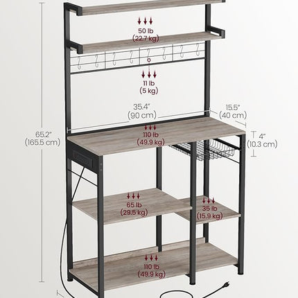 VASAGLE Bakers Rack with Power Outlet, 35.4 Inches Microwave Stand, Coffee Bar, 4 AC Outlets, with Adjustable Shelves, 8 S-Hooks, Basket, Spice Racks, Heather Greige and Ink Black UKKS031K02