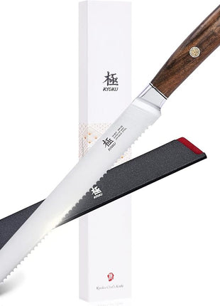 KYOKU 10 Inch Bread Knife - Daimyo Series - Serrated Knife with Ergonomic Rosewood Handle, and Mosaic Pin - Japanese 440C Stainless Steel Bread Cutter with Sheath and Case