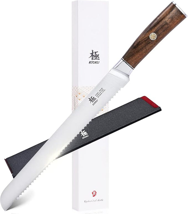 KYOKU 10 Inch Bread Knife - Daimyo Series - Serrated Knife with Ergonomic Rosewood Handle, and Mosaic Pin - Japanese 440C Stainless Steel Bread Cutter with Sheath and Case