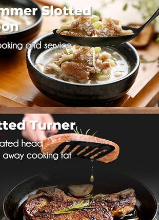 MARTE 15" Wok Spatula Turner and Ladle,Skimmer Spoon Tool Set - 18/10 Stainless Steel Vintage Cooking Utensils Set - Set of 4 High Grade Titanium Plating Kitchen Wok Utensils with Solid Wooden Handle