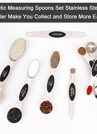 Aovchei 8 PCS Magnetic Measuring Spoons Set, Dual Sided, Stainless Steel Small Tablespoon, Teaspoons, Fits in Spice Jars, for Dry and Liquid, Black