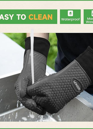 GEEKHOM BBQ Gloves Heat Resistant Oven Mitts - Silicone Grilling Gloves with 13.7" Arm Protection - Waterproof Pot Holder Non-Slip for Men & Women, Kitchen Outdoor Cooking, Baking, Camping, Gray