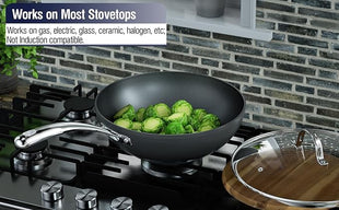 Cooks Standard Nonstick Stir-Fry Wok Pan 11-Inch, Hard Anodized Deep Frying Pan with Glass Lid, Flat Bottom, Black