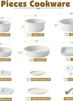 SENSARTE 17 Piece Pots and Pans Set, Nonstick Detachable Handle Cookware Set, Induction Kitchen Cookware Set with Removable Handle, Healthy Non Stick for RV, Dishwasher ＆ Oven Safe, PFOA Free (White)