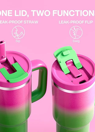 32 oz Tumbler with Handle and Straw: Stainless Steel Insulated Tumbler Keeps Cold for 24 Hours, Leakproof Travel Cup Fits in Cup Holder and BPA-Free, Fuchsia