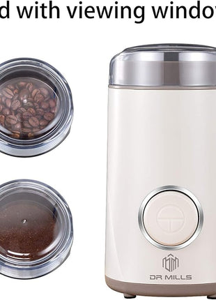 DR MILLS DM-7441W Coffee Grinder Electric, Coffee Bean and Dried Spice Grinder, One Touch Operation, Blade and Cup Made with SUS304 Stainless Steel (White)