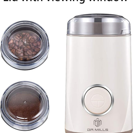 DR MILLS DM-7441W Coffee Grinder Electric, Coffee Bean and Dried Spice Grinder, One Touch Operation, Blade and Cup Made with SUS304 Stainless Steel (White)