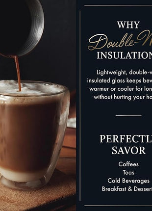 Elixir 16 oz Large Double Wall Coffee Mug Set of 2 - Double Wall Glass Coffee Cup - Large Mug - Insulated Glass Mugs with Handle for Hot Drinks Tea