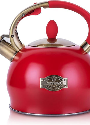 SUSTEAS Stove Top Whistling Tea Kettle - Food Grade Stainless Steel Teakettle Teapot with Cool Touch Ergonomic Handle, With 1 Silicone Pinch Mitt Included, 2.64 Quart(RED)