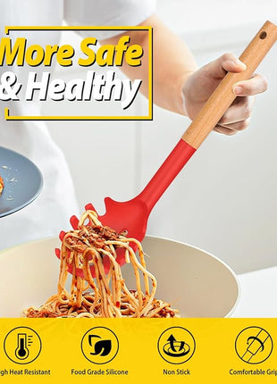 Silicone Pasta Fork and Ladle Spoon Set with Wooden Handle, Heat Resistant Non Stick Kitchen Utensils for Cooking, Stirring, Serving Spaghetti, Soup, Sauce(RED)