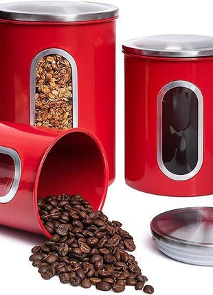 Mixpresso 3-Piece Red Canisters Sets For The Kitchen, Airtight Canister Set With See Through Window, Storage Jars for Coffee Container, Tea Organizer & Sugar Canister, Red Kitchen Canisters