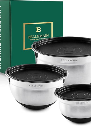 Bellemain Mixing Bowls with Lids Set - Stainless Steel Mixing Bowls with Airtight Lids - Food Storage Containers - 3PCS Set with Non-Slip Bottoms Kitchen Essentials for Baking - Serving