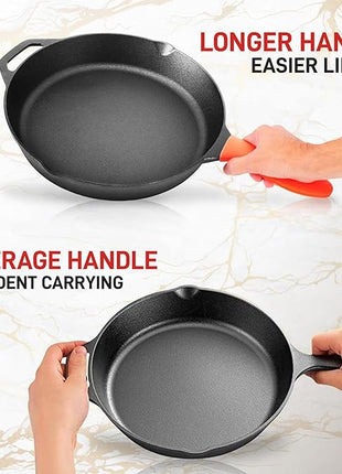 NutriChef 10 Inch Cast Iron Skillet with Lid - Pre-Seasoned Small Fry Pan with Side Drip Spout and Silicone Handle