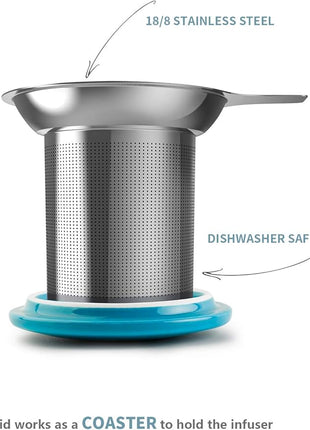 Sweese Porcelain Teacup with Infuser and Lid, 20oz, Steel Blue, Microwave Safe, Reusable