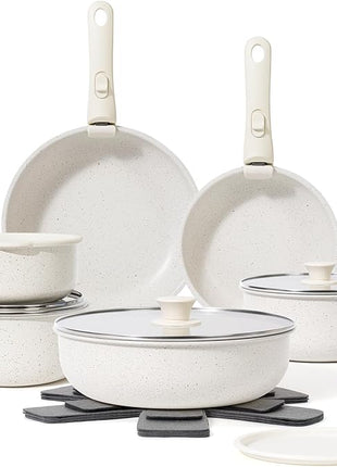 18 Pcs Pots and Pans Set Non Stick, Cookware Sets with Detachable Handle, Nonstick RV Kitchen Cooking Tools Removable Handles, Oven Safe, Induction Fast, Stackable Induction Cookware, White