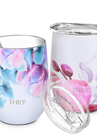 THILY Vacuum Insulated Stemless Wine Tumbler 12 oz Stainless Steel Wine Glass with Lid and Straw, Keep Cold or Hot for Coffee, Cocktails, 2 Pack(Pink Lilies + Lotus Flower)