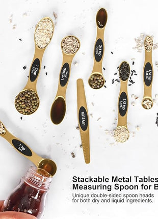 Magnetic Measuring Spoons Set Stainless Steel with Leveler, Stackable Metal Tablespoon Measure Spoon for Baking, Measuring Cups and Spoon Set Kitchen Gadgets Apartment Essentials Fits