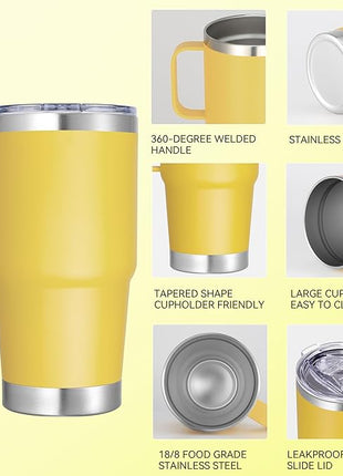 20 oz Stainless Steel Tumbler with Handle Bulk Metal Insulated Tumblers Travel Coffee Mug with Handle Double Wall Tumbler Cup with Lid and Straw, Yellow 12 Pack