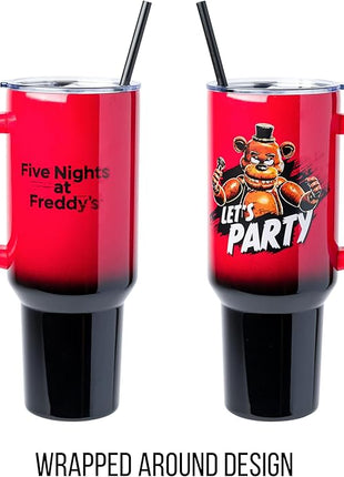 Silver Buffalo Five Nights At Freddy's “Let's Party” Stainless Steel Tumbler with Handle Featuring Freddy Fazbear, Fits in Standard Cup Holder, 40 Ounces