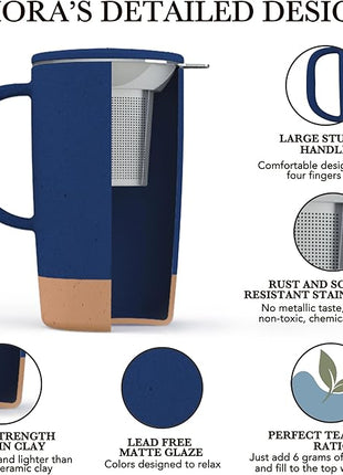 Mora Ceramics Large Tea Mug with Loose Leaf Infuser and Ceramic Lid, 18 oz, Portable, Microwave and Dishwasher Safe, Tall Coffee Cup - Rustic Matte Ceramic Glaze, Modern Herbal Tea Strainer, Deep Blue