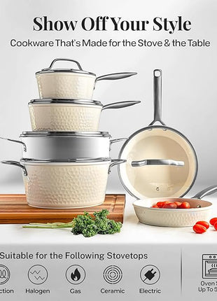 GOTHAM STEEL Hammered 20Pcs Ceramic Cookware Set Nonstick, Induction Pots and Pans Set Non Stick with Deep Fry Pan, Steamer, and Bakeware, Non Toxic PFOA PFOS Free, Oven & Dishwasher Safe