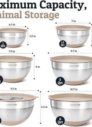Priority Chef Stainless Steel Mixing Bowls with Lids Set - Premium 30Pcs with 6pc Metal Bowl Set for Kitchen, 3 Graters, Airtight Lids, Non-Slip Bases & Silicone Utensils, Khaki