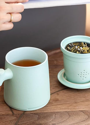 ZENS Tea Cup with Infuser and Lid for Loose Leaf Steeping, 16.9oz Embossed Ceramic Tea Infuser Mug, Wood Handle Tea Diffuser, Great Gift