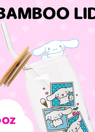 Silver Buffalo Sanrio Hello Kitty and Friends Cinnamoroll Polaroids Glass Jar Tumbler with Bamboo Lid and Glass Straw, 16 Ounces (Pack of 12)
