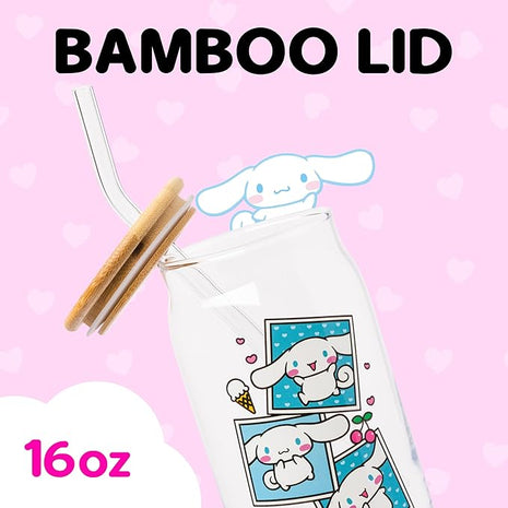 Silver Buffalo Sanrio Hello Kitty and Friends Cinnamoroll Polaroids Glass Jar Tumbler with Bamboo Lid and Glass Straw, 16 Ounces (Pack of 12)