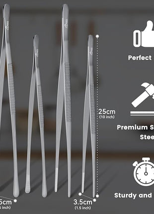 HOTEC Kitchen Tweezers Tongs Stainless Steel, Set of 4-10" and 12inch Extra-Long Food Tweezers Fine Kitchen Tongs for Cooking,Grill and Baking