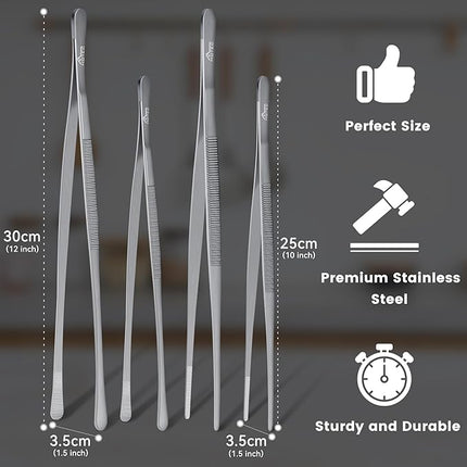 HOTEC Kitchen Tweezers Tongs Stainless Steel, Set of 4-10" and 12inch Extra-Long Food Tweezers Fine Kitchen Tongs for Cooking,Grill and Baking