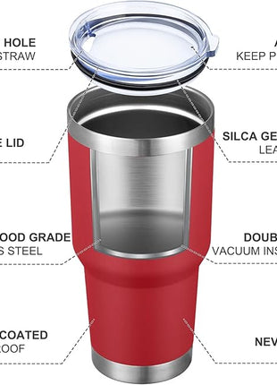 MEWAY 30oz Insulated Tumbler With Lids and Straws,Stainless Steel Double Vacuum Coffee Tumbler Cup, Brush, Durable Powder Coated Coffee Cup for Cold & Hot Drinks, Office, Travel(Coral red,8 PACK)