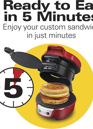Hamilton Beach Breakfast Sandwich Maker with Egg Cooker Ring, Customize Ingredients, Perfect for English Muffins, Croissants, Mini Waffles, Perfect White Elephant Gifts, Red (25476)