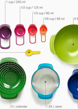 Joseph Joseph Nest 9 Plus, 9 Piece Compact Food Preparation Set with Mixing Bowls, Measuring cups, Sieve and Colander, MultiColor