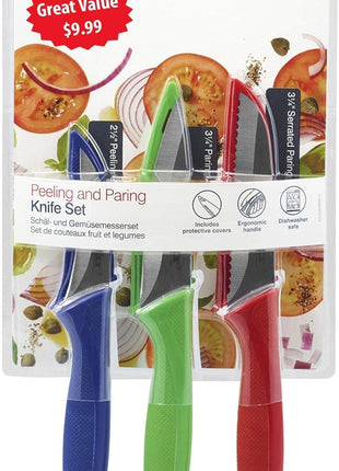 Zyliss 3 Piece Peeling & Paring Knife Set with Covers - Kitchen Knives for Fruits & More - Ideal for Kitchen Collections - Blue, Green, & Red