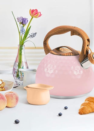 Whistling Tea Kettle,3.2Qt Stainless Steel Stove Kettle, Food Grade Teapot with Wood Pattern Handle for Coffee, Milk etc, Gas Electric Applicable (Pink)