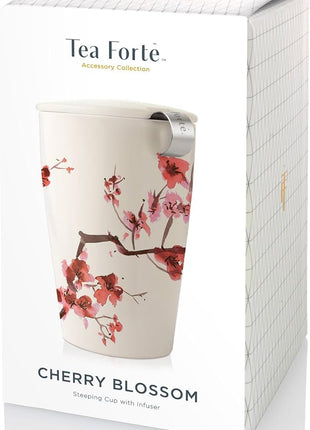 Tea Forte Double-Walled Ceramic Kati Cup, Removable Stainless Steel Infuser Basket and Lid, Steeps 12 oz Loose Leaf Tea, Dishwasher & Microwave Safe, Cherry Blossom
