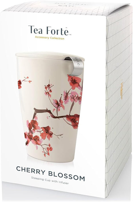 Tea Forte Double-Walled Ceramic Kati Cup, Removable Stainless Steel Infuser Basket and Lid, Steeps 12 oz Loose Leaf Tea, Dishwasher & Microwave Safe, Cherry Blossom