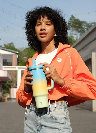 40 oz Tumbler with Handle and Straw: Stainless Steel Insulated Tumbler Keeps Cold for 24 Hours, Leakproof Travel Cup Fits in Cup Holder and BPA-Free, Sunny Breeze