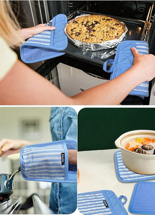 Silicone Pot Holders Set of 3 Heat Resistant & Non Slip Potholders, Professional Oven Hot Pads with Pockets Mitts for Kitchen Cooking Baking Barbecue (3, Blue)