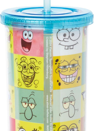 Silver Buffalo Spongebob Squarepants Character Emotions Grid Featuring Patrick Star, Sandy Cheeks, Squidward Tentacles, and Fish Plastic Tall Cold Cup With Lid and Straw, 20 Ounces