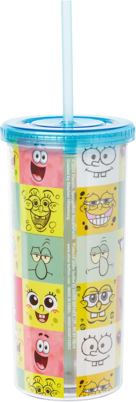 Silver Buffalo Spongebob Squarepants Character Emotions Grid Featuring Patrick Star, Sandy Cheeks, Squidward Tentacles, and Fish Plastic Tall Cold Cup With Lid and Straw, 20 Ounces