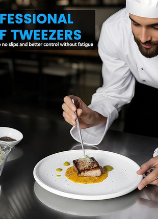 HOTEC Kitchen Tweezers Tongs Stainless Steel Professional Chef Tweezers, Set of 3-6.3", 10" and 12inch Food Tongs for Cooking, Repairing, Dessert, BBQ, Meat, Pasta